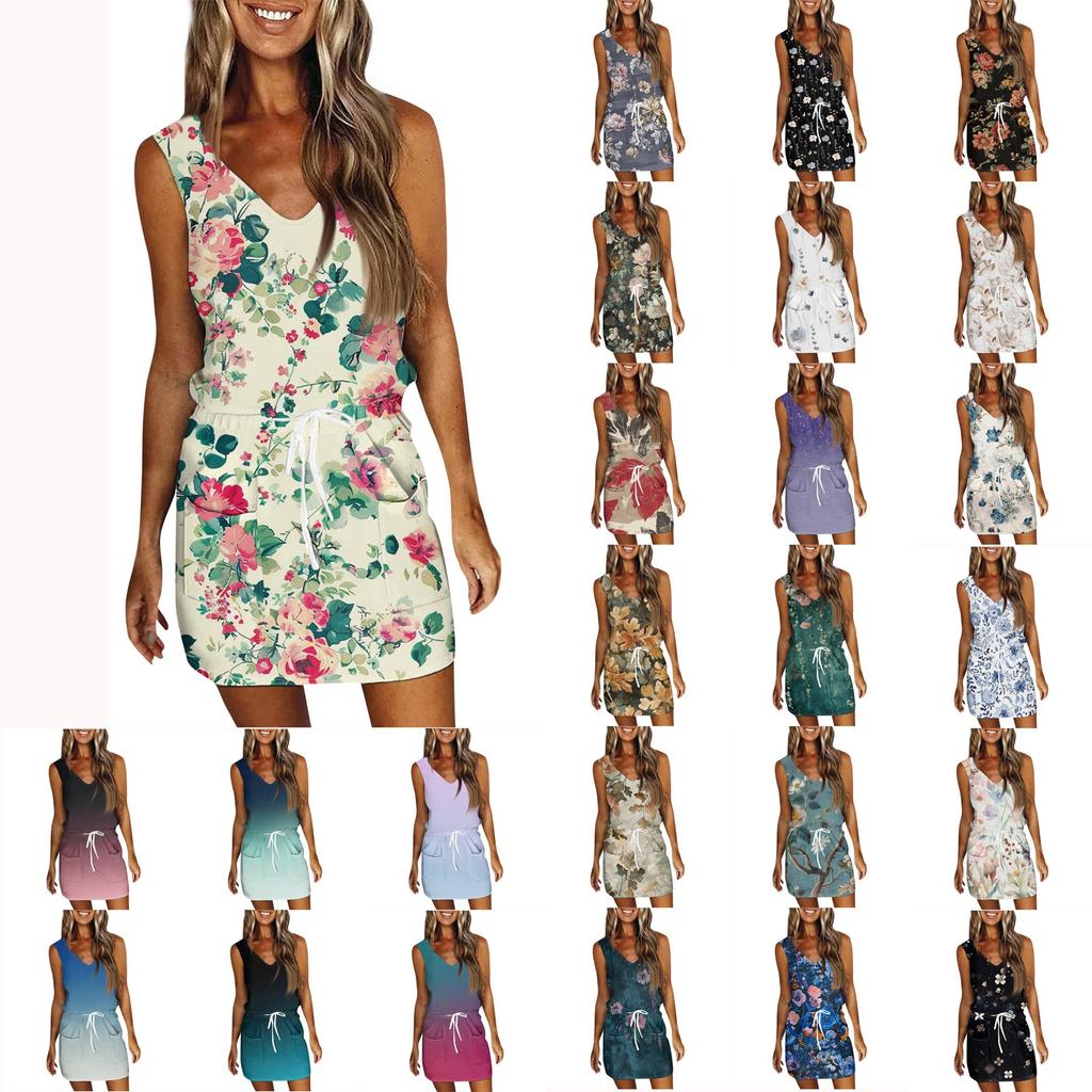 Women's Summer Fashion Casual Printed V-Neck Sleeveless Dress With Pockets