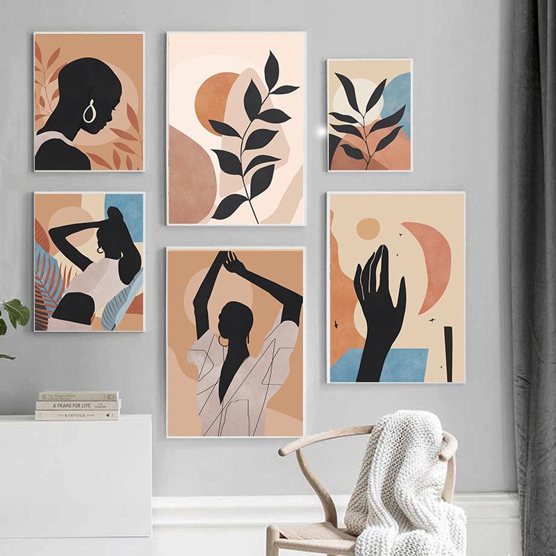 Черная Африканка Бохо Луна Рука Лист Абстрактное Настенное Искусство Холст Живопись Постеры и Принты Настенные Картины для Декора Гостиной Без Рамы