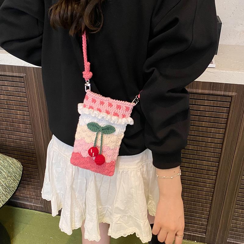 Handmade Crochet Cherry Phone Bag, Cute Pastel Knitted Crossbody Purse For Girls, Mini Drawstring Single Shoulder Pouch