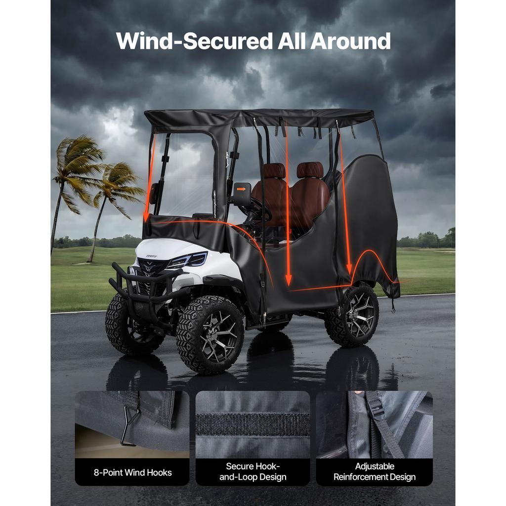 SucceBuy Golf Cart Cover Visible Full-Enclosure 2&2+2;2+2/4 Seater Waterproof Oxford PVC Coating Windproof Hook Fits Most Carts
