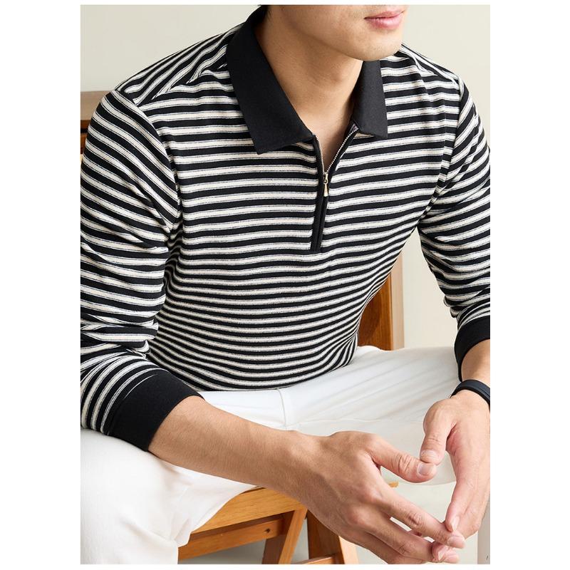 Men S Striped Half Zip Polo Shirt Thick Casual Autumn Top