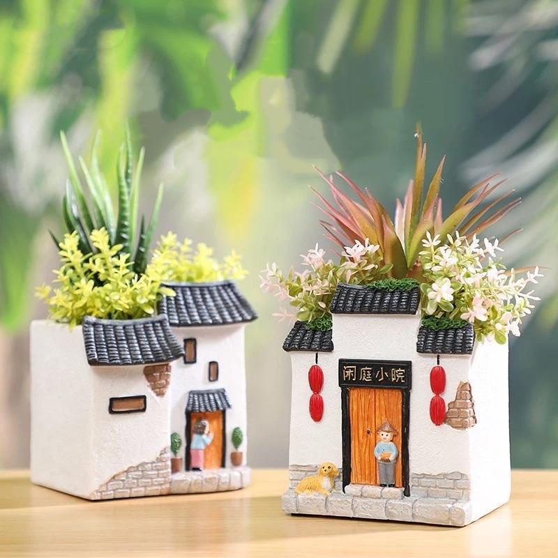 Rustic Resin House Succulent Planter Desktop Decoration Ornament