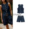 Round Neck Sleeveless Gold Button Decoration Denim Vest 6164109 Denim Pleated Belt Shorts 6164112