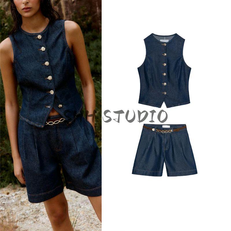 Round Neck Sleeveless Gold Button Decoration Denim Vest 6164109 Denim Pleated Belt Shorts 6164112