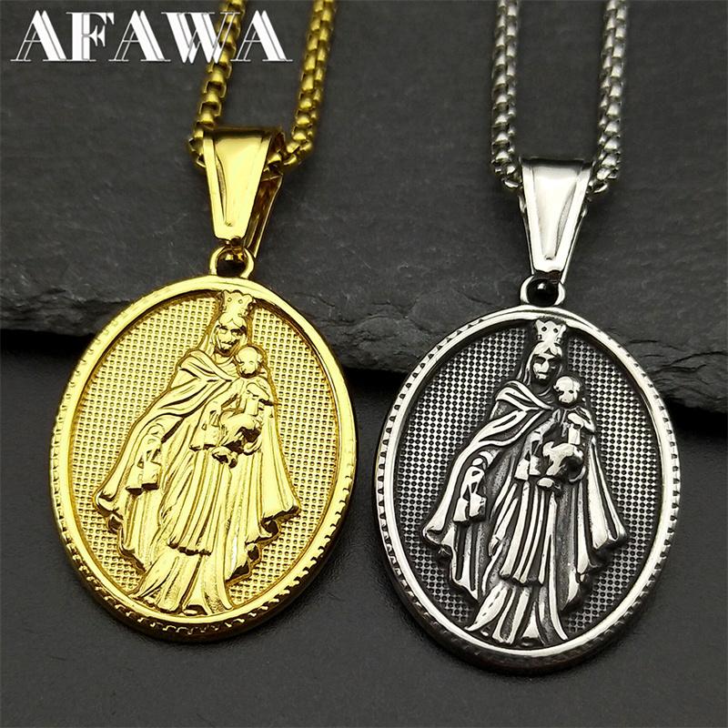 Classic Virgin Mary Hold baby Pendant Necklace for Women Men Stainless Steel Gold Color Catholic Mother Mary Necklaces Jewelry