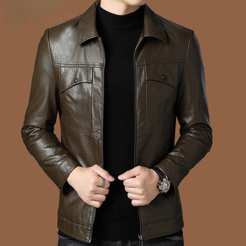 Men's Leather Coat Plus Velvet Thin Coat Autumn and Winter Lapel Motorcycle Jacket Men's Genuine Leather Casual Sheepskin Jacket
