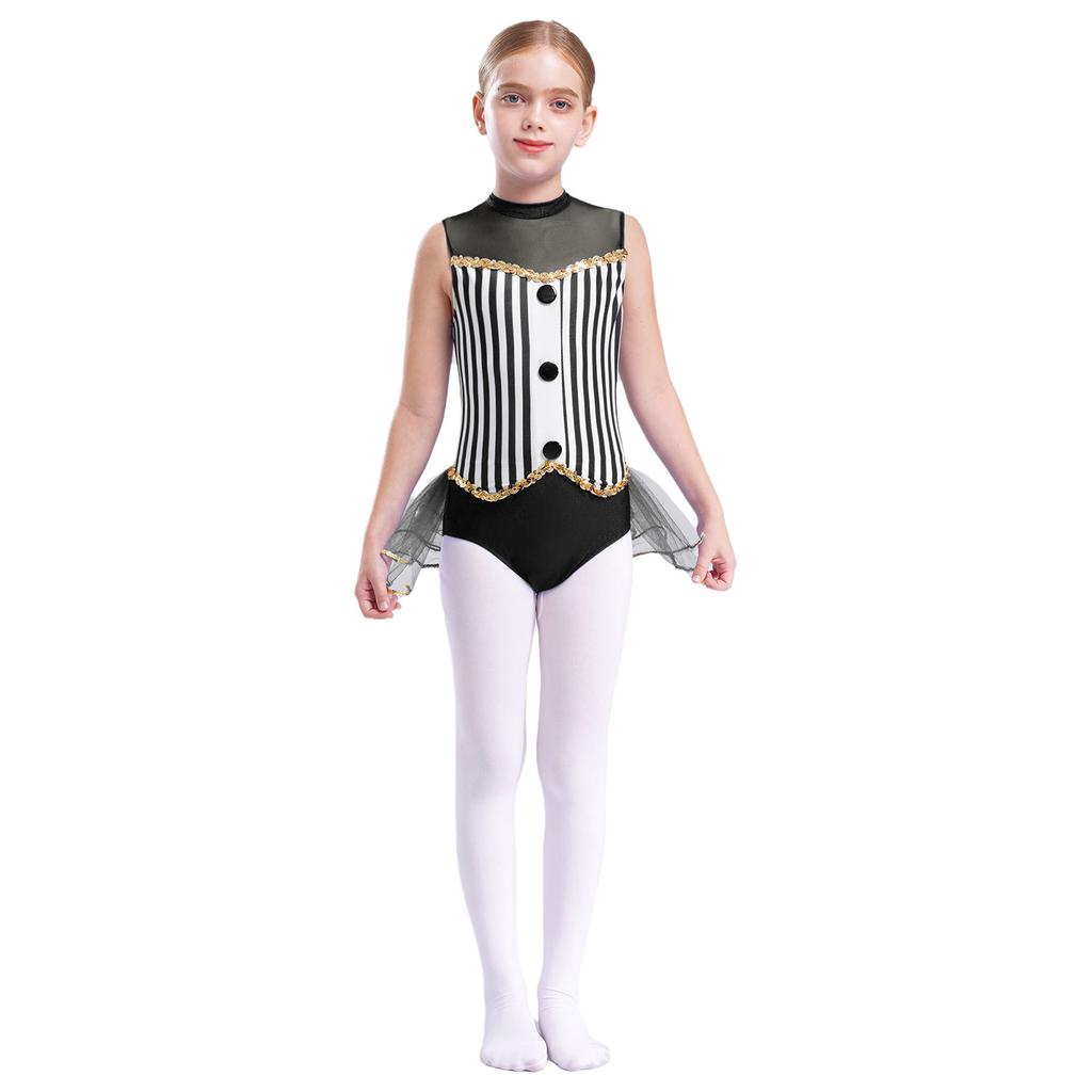 Kids Girls Sparkly Latin Dance Outfit Striped Leotard Mock Neck Open Back Design and Tulle Skirt Performance Wear