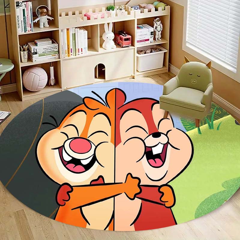 Cute Chip 'n' Dale print round floor mat, home rug decoration, cartoon welcome doormat, non-slip and stain-resistant.