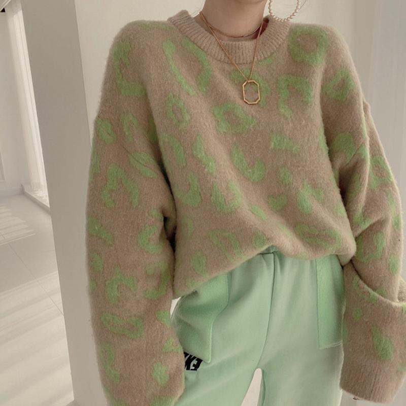 Женский утолщенный теплый свитер с леопардовым принтом, свитер с длинным рукавом и круглым вырезом, свободный повседневный трикотажный пуловер на осень и зиму