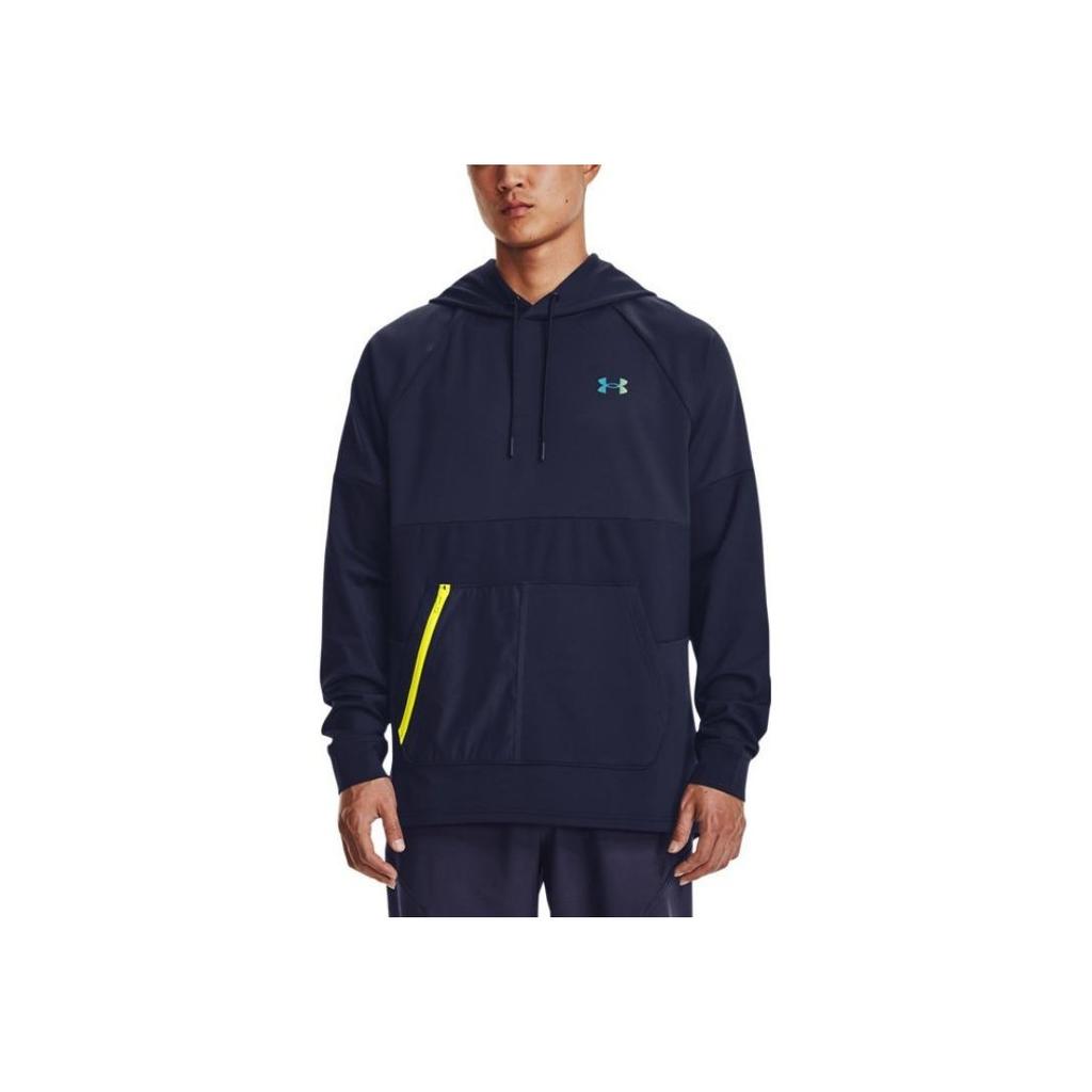 Under Armour Толстовка мужская Rush однотонная с логотипом, на шнурке, с капюшоном, с длинным рукавом, темно-синяя 1370450-410