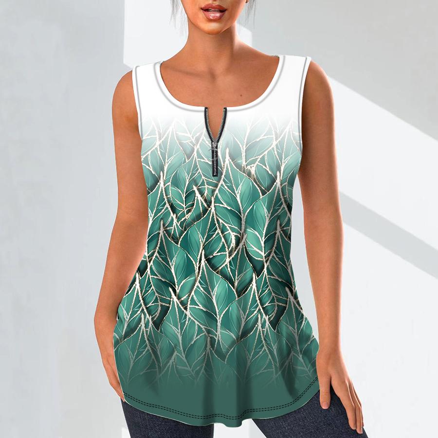 Women's Fashion V Neck Shirts Casual Tops T-shirt Ladies 3D Stacked Leaves Print Vest Plus Size Sleeveless Blouse Tank Tops