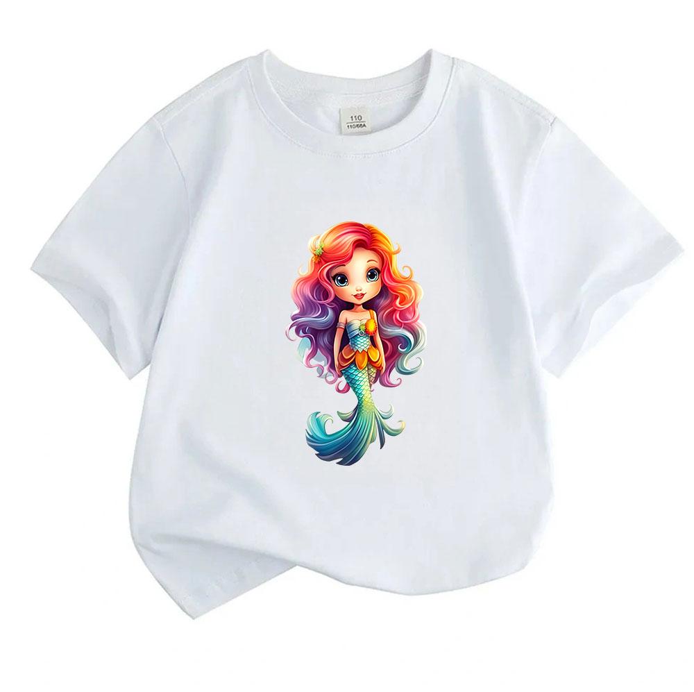Kids Boys Girls Crew Neck Short Sleeve 100% Cotton T-Shirt Cute Rainbow Hair Mermaid Printed Casual Soft Tees for Summer Daily Wear Birthday Gift for