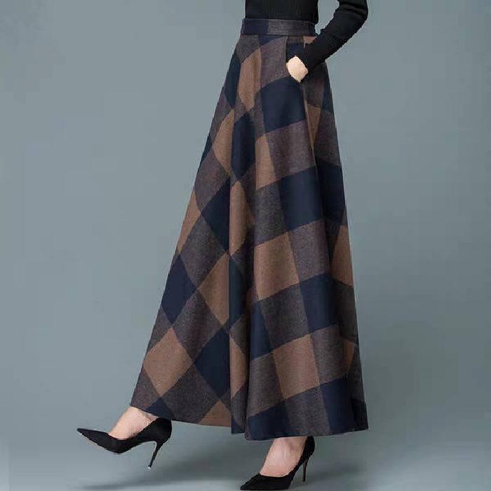 High Waist Woolen A-line Long Skirt - Women's Waist Slimming Big Swing Design