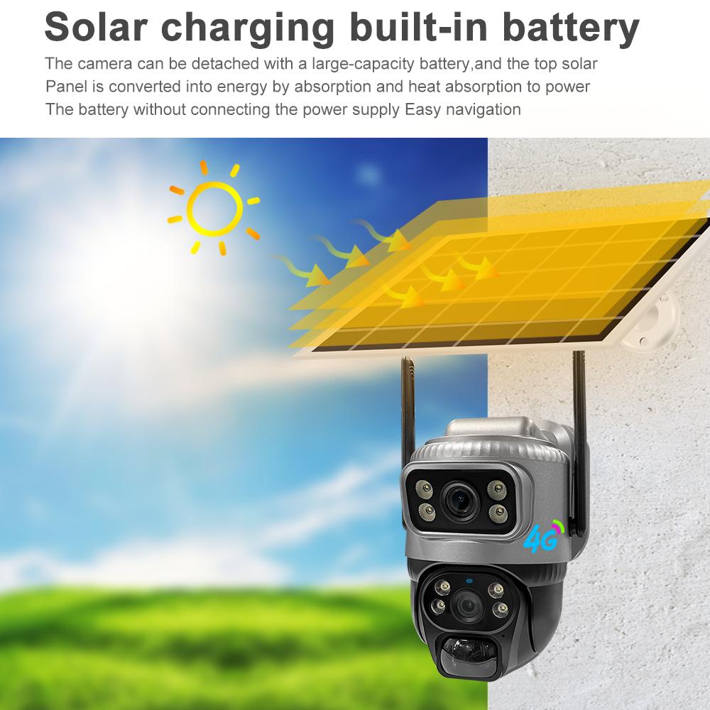 4G Sim Card Solar Dual Lens Outdoor 8MP 4K Low Power Battery IP Camera PIR Night Vision V380 Pro CCTV Security Protection