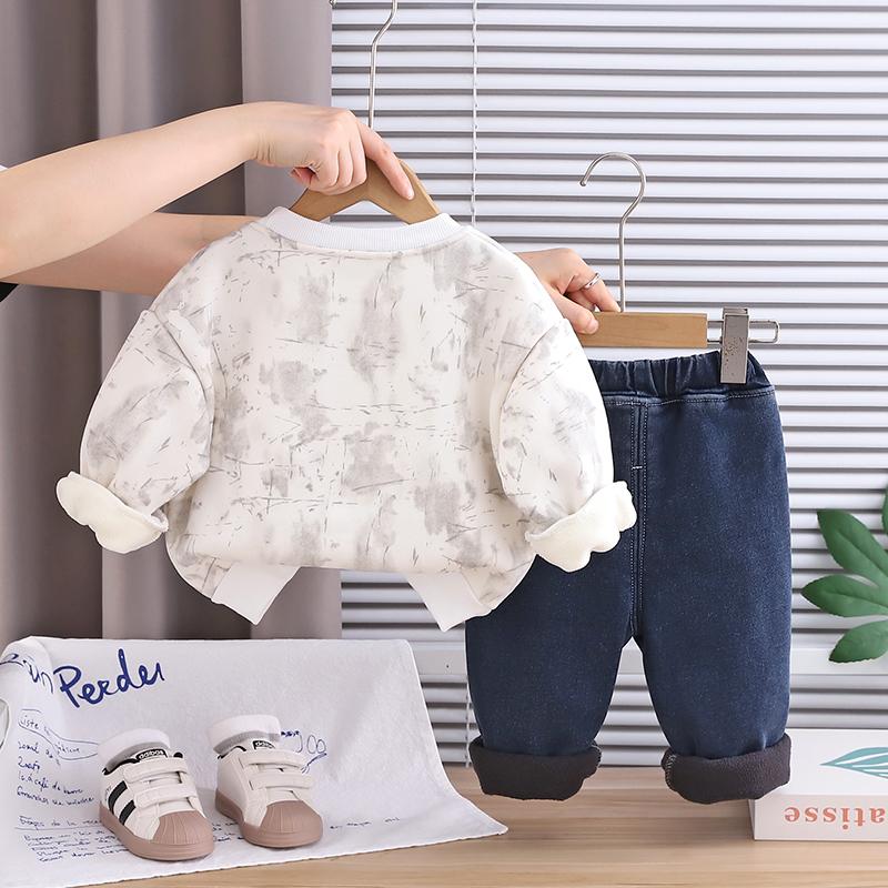 Комплект из 2 предметов с длинным рукавом для мальчиков, 0-5 лет Детская флисовая толстовка с английским принтом + джинсовые брюки