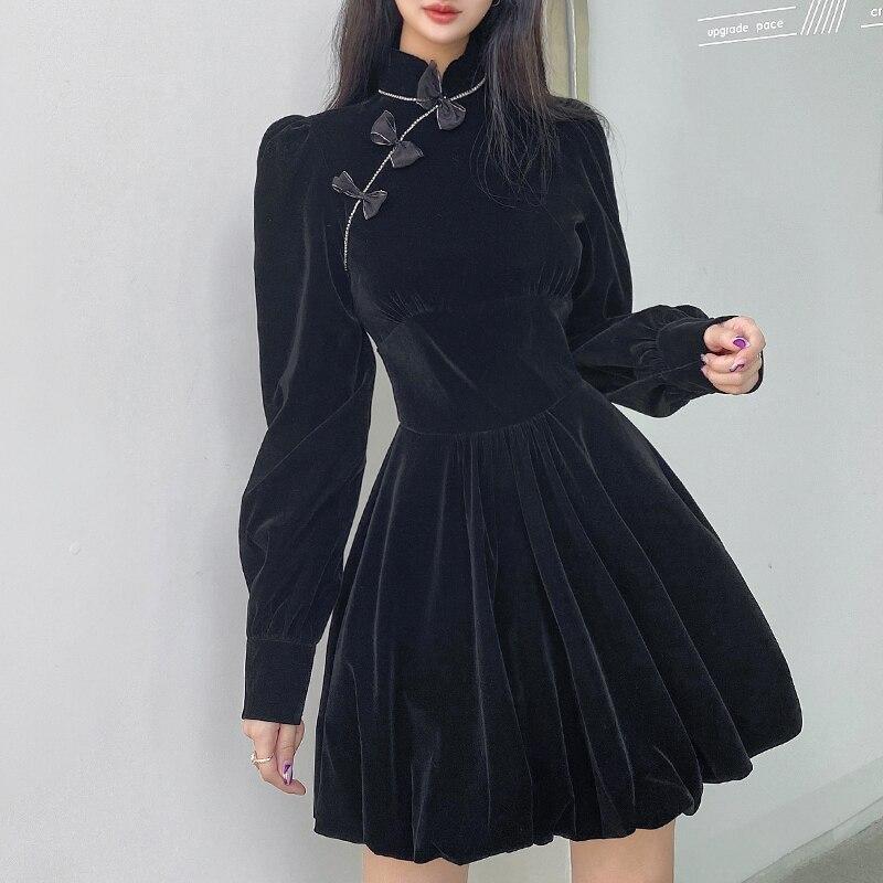 Cheongsam Darlingaga винтажное элегантное готическое велюровое черное платье с темным бантом осень-зима в китайском стиле плиссированные платья вечерние одежда с бриллиантами
