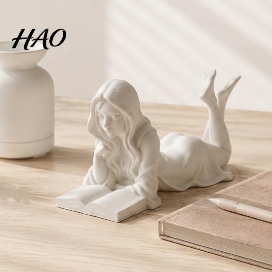 Handcrafted Reading Girl Figure Figurine, 3D Printed Lying on Her Stomach Minimalist Tabletop Art Sculpture, Elegant Woman Statue for Home Office Desk