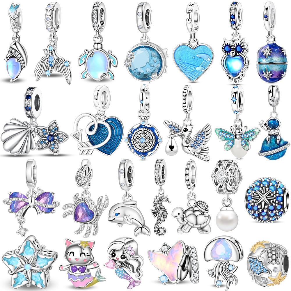 925 Silver Certified Pink Shell Pearl Blue Zircon Petals Beads Fit Women Woman Gift Phone Charms Diy Accessory