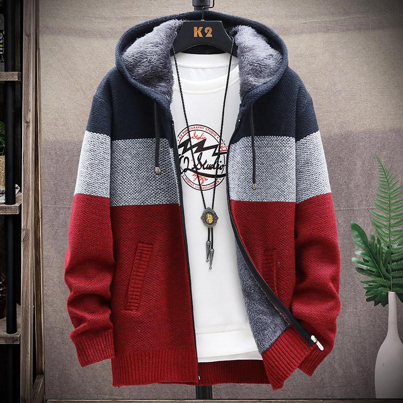 2024 Winter Men Sweater Add Velvet Cardigan Patchwork Color Stand Collar Male Casual Zipper Knitted Thick Warm Sweatercoat