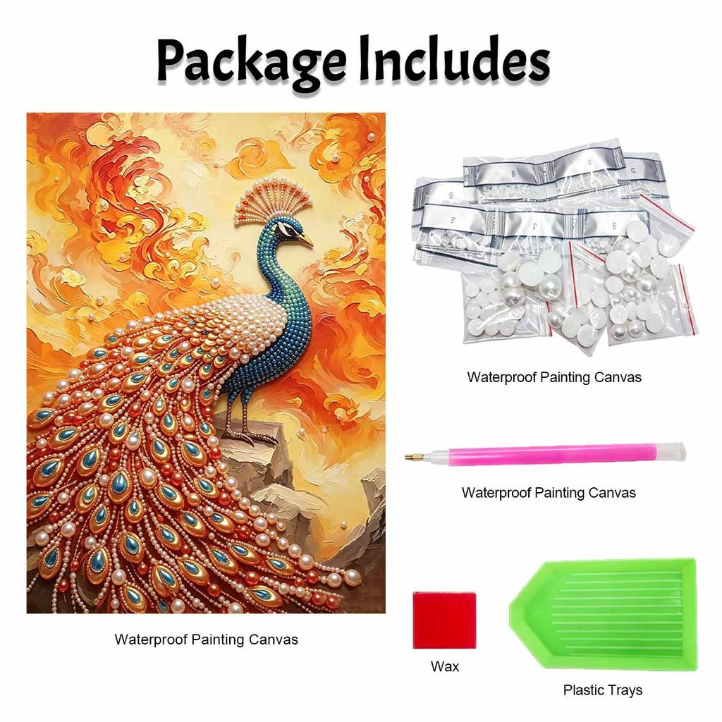 This pearl painting kit features 5D pearls and a peacock mosaic art style. designed for elegant home wall decoration.