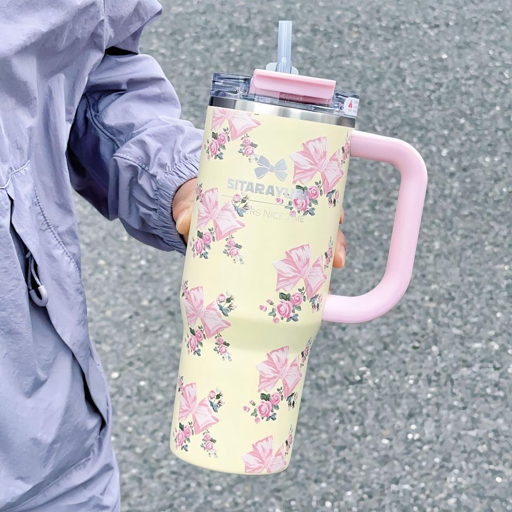 Кружка с трубочкой 40 унций из нержавеющей стали 304, автомобильная кружка для льда, кружка-термос с бантом