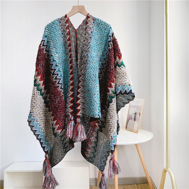 Ethnic Style Knitted Poncho Cape Vintage Bohemian Tassel Cloak Warm Shawl Travel Coat Cardigan Sweater