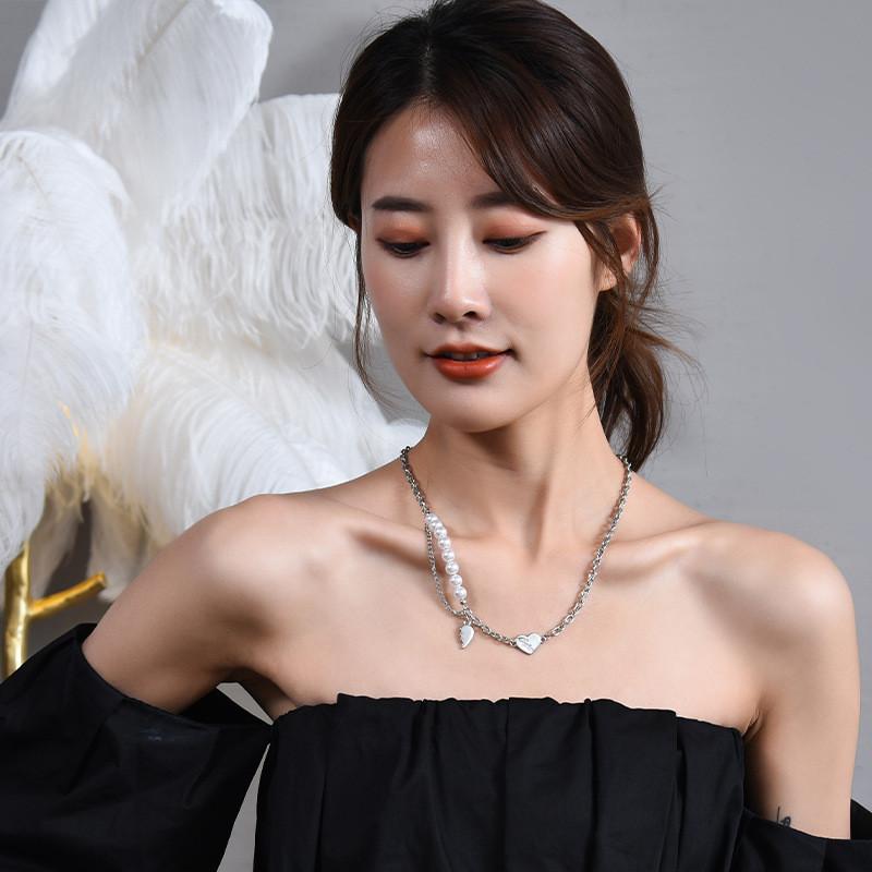 Heart Shaped Pearl Titanium Steel Chunky Necklace For Women Fashion Hip Hop Style