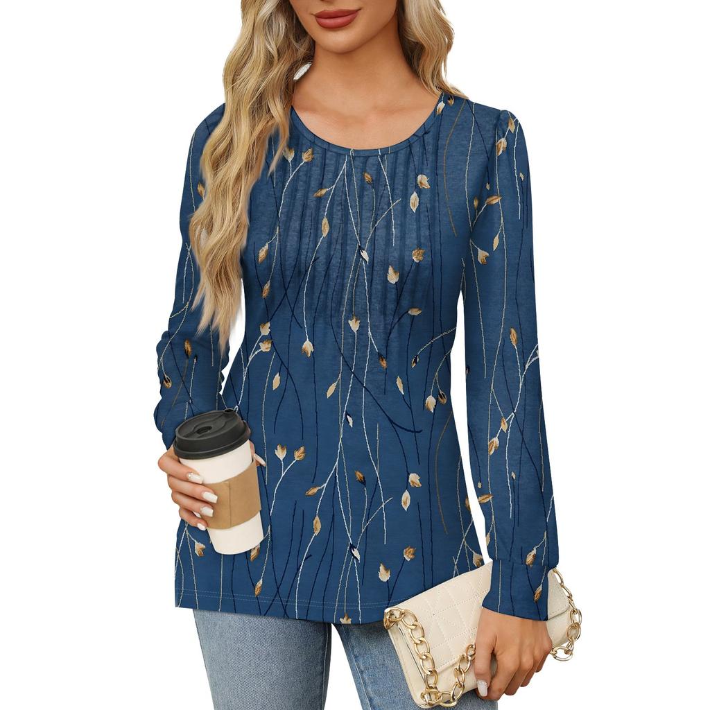 Женская повседневная плиссированная футболка с круглым вырезом и длинными рукавами с принтом