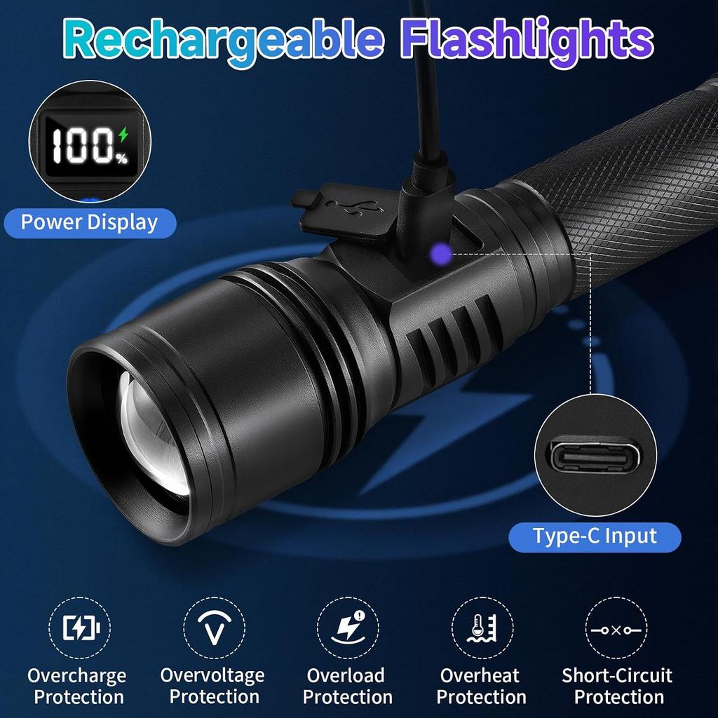 2Pack Rechargeable Flashlights High Lumens, Flash Light for Home | 700lm Super Bright with Digital, 5Mode Adjustable Tactical Design, Aluminum LED