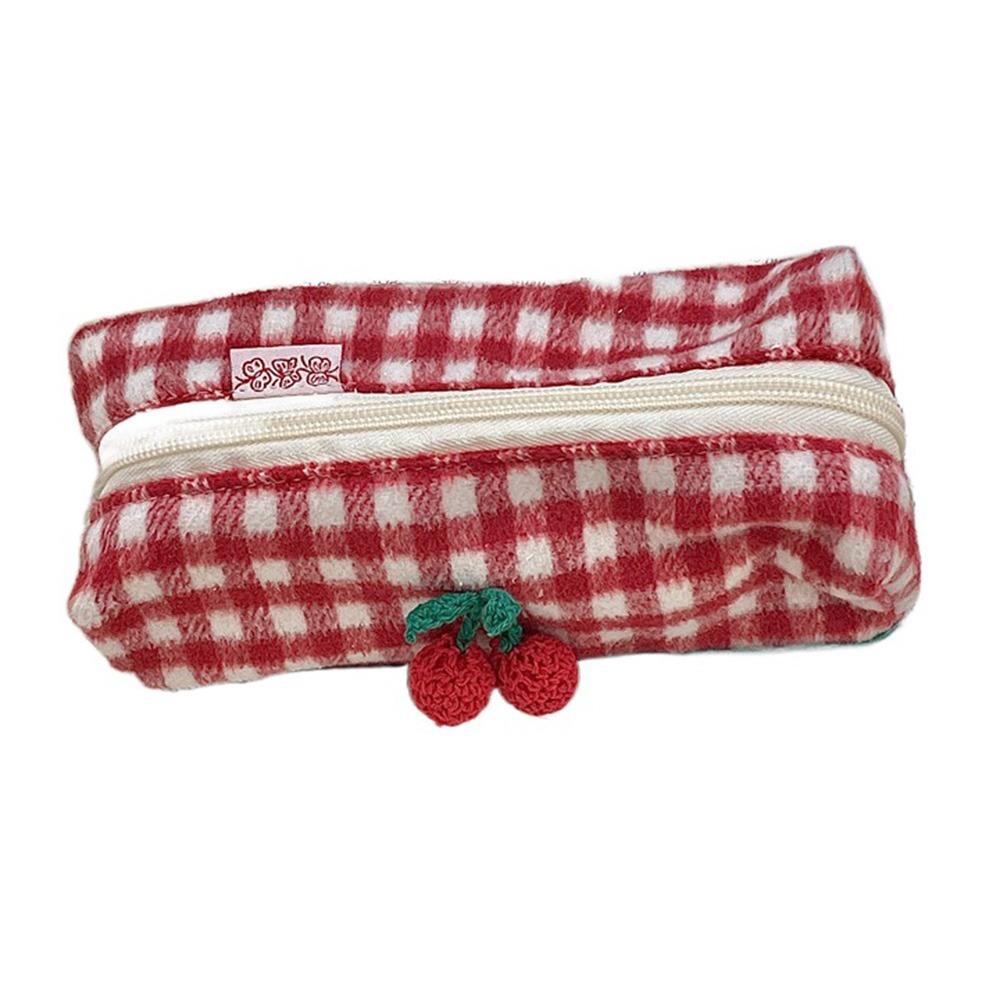 Plush Plaid Pencil Case Sweet Cosmetics Zipper Bag Kawaii Stationery Storage Pouch Children