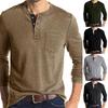 Pocket Shirt Buttons Neck  Solid Color Long Sleeve Pullover O Neck Autumn Spring Top for Men Plus Size