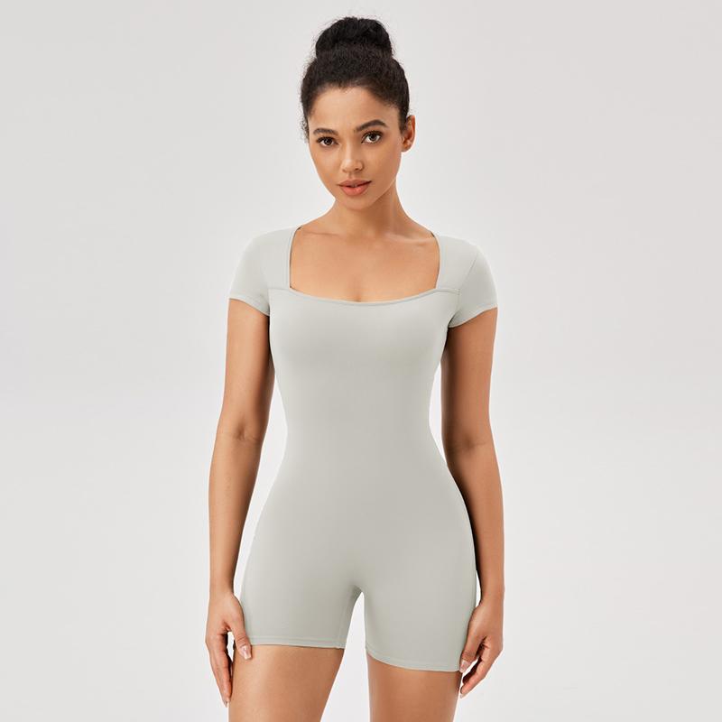 European And American Tight-fitting Sports Jumpsuits With Short Sleeves Square Collar Nude Training Running Yoga Fitness Jumpsuit