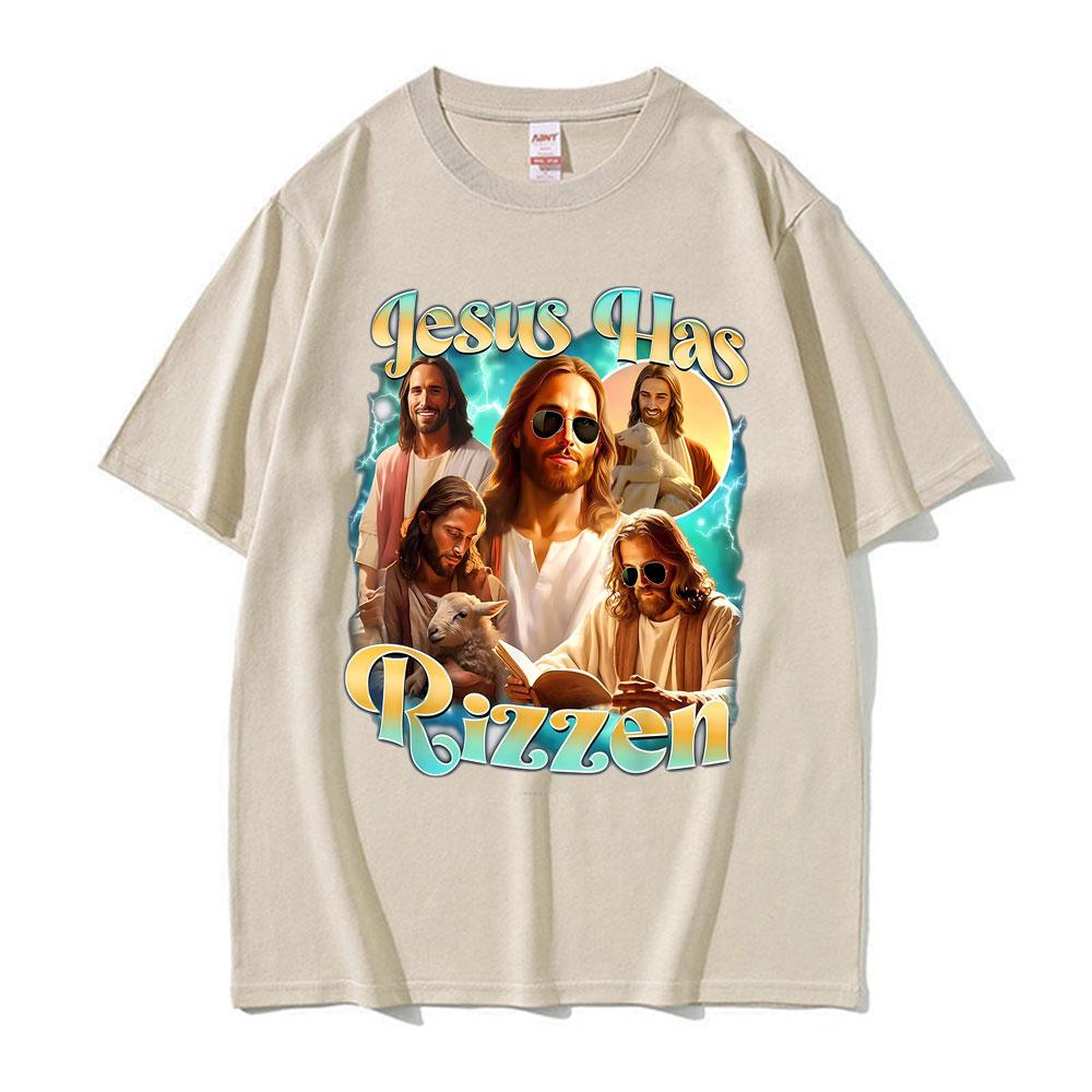 Jesus Has Rizzen He Ls Rizzin Funny Christian Religious Tee Shirt Men Women Summer Tshirt Vintage Oversized T Shirt Streetwear