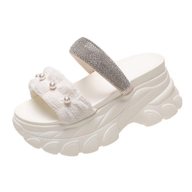 Pearl Rhinestone Slippers Women Summer Outside Wear Fashion Sandals Platform Wedegs Leisure Slipper 8cm High Heeled Slides Shoes