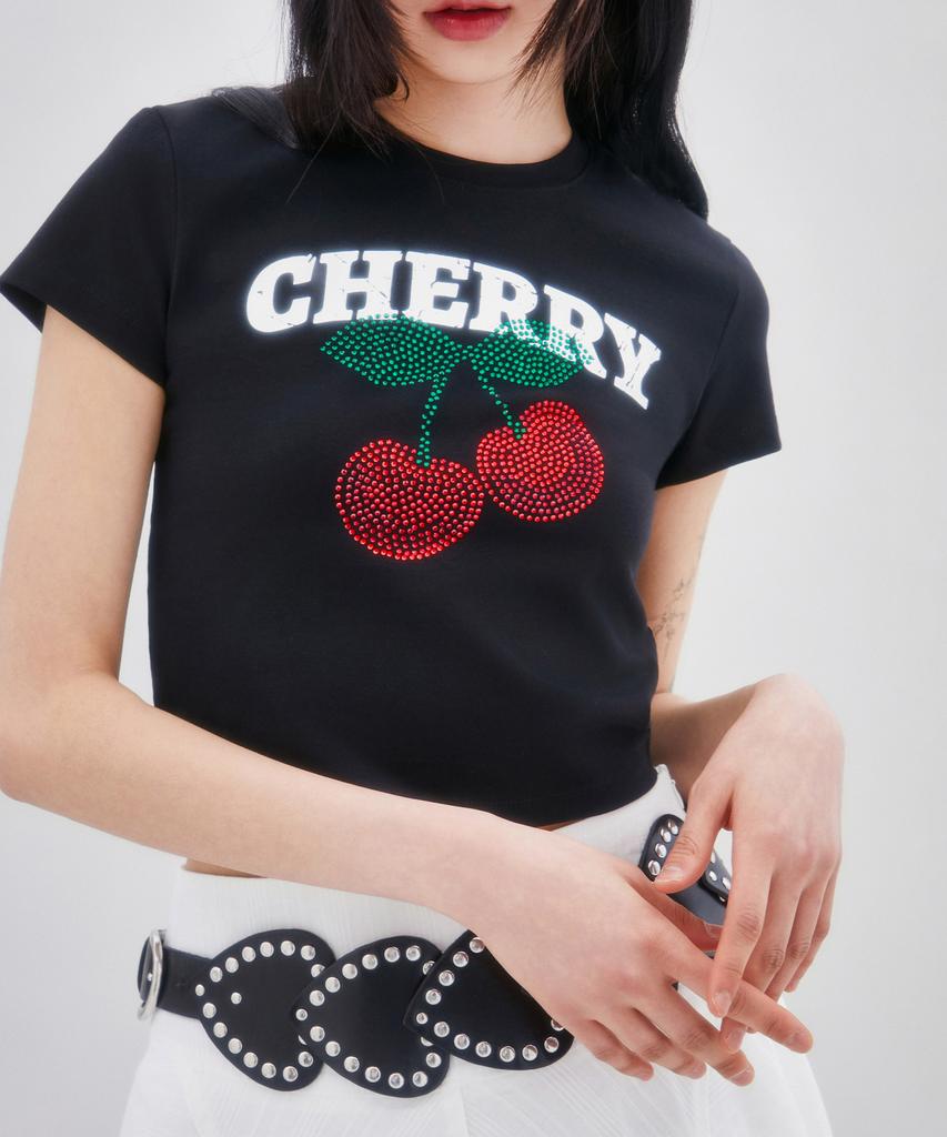LALAFOX Cherry Hotfix T-Shirt Printed Short Sleeve T-Shirt Black Br2Ch016