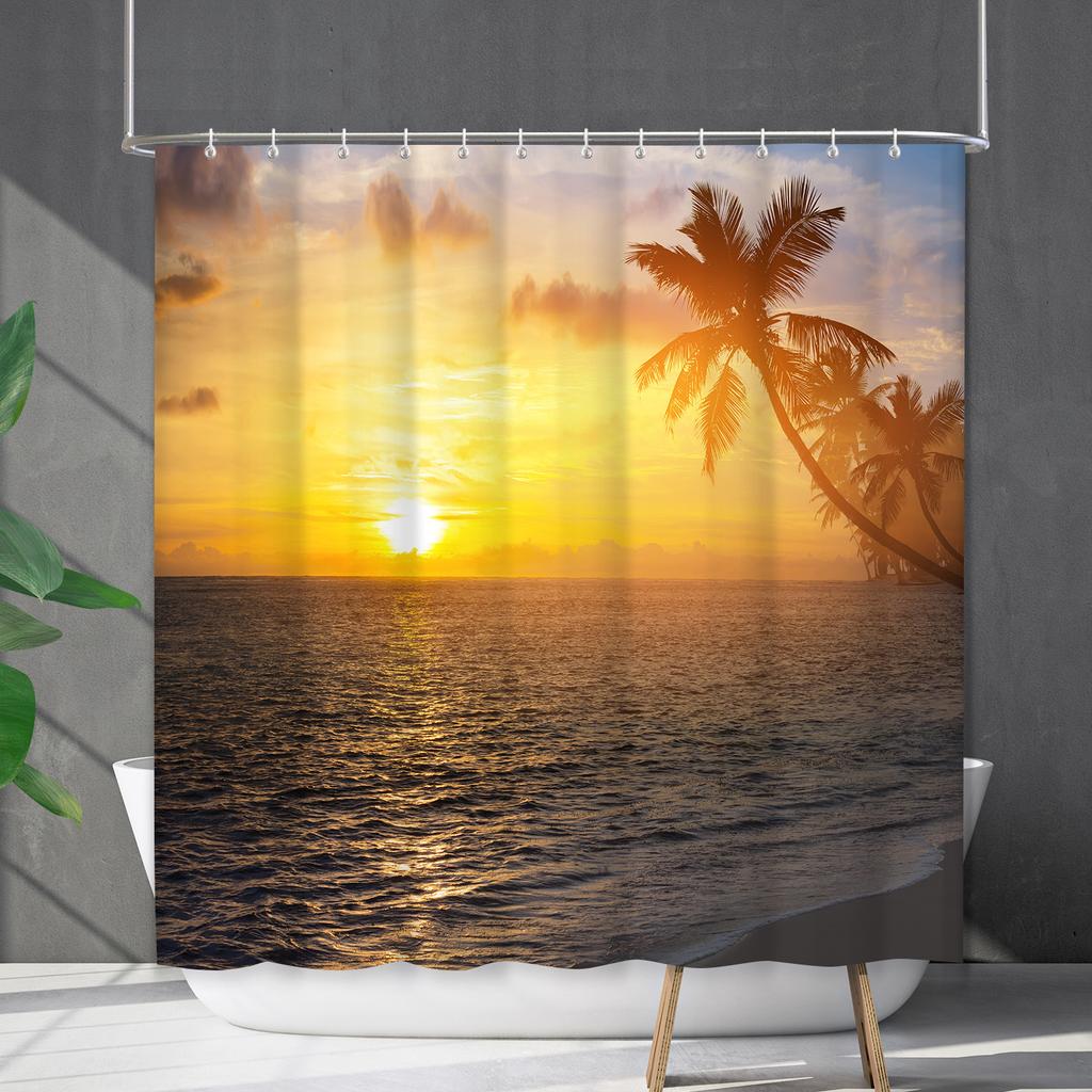Shower Curtain Waterproof And Mildew-Proof Coconut Tree Beach Beach Bathroom Shower Curtain Shower Curtain Partition Curtain Free Punching