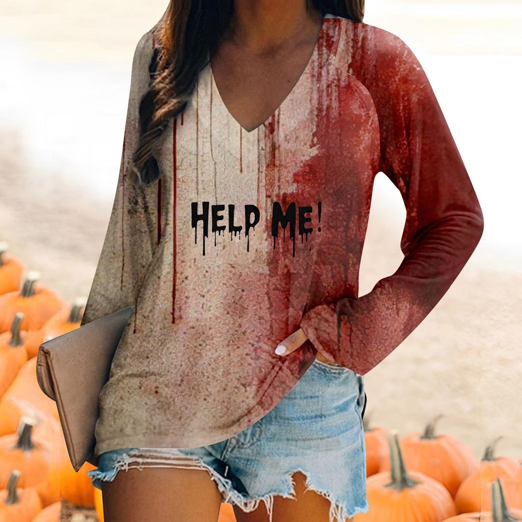 Женская футболка с длинным рукавом и V-образным вырезом, повседневный, удобный топ с принтом на Хэллоуин