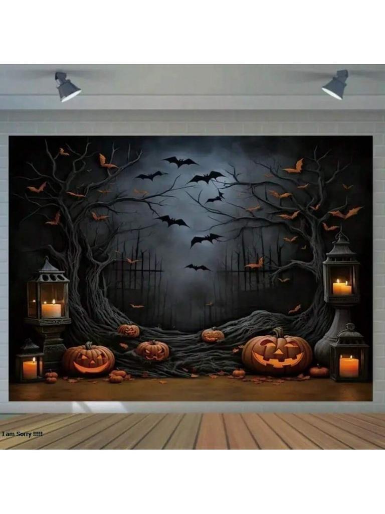 1pc Scary Halloween Party Backdrop Night Moon Gothic Gate Pumpkin Bats Banner for Halloween Themed Party Background Decoration