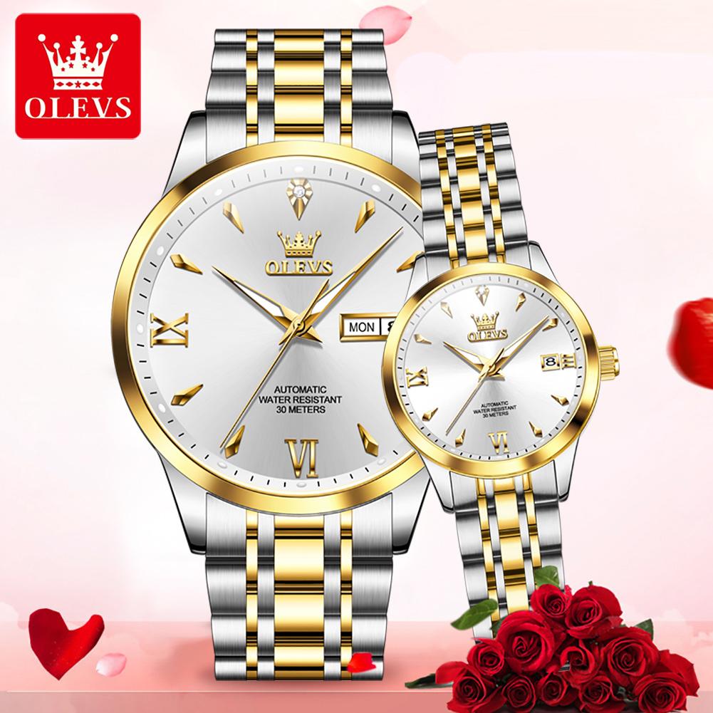 OLEVS Couple Watches Luxury Fashion Stainless Steel Original Automatic Mechanical Wristwatch for Lover Waterproof Luminous 2Pcs