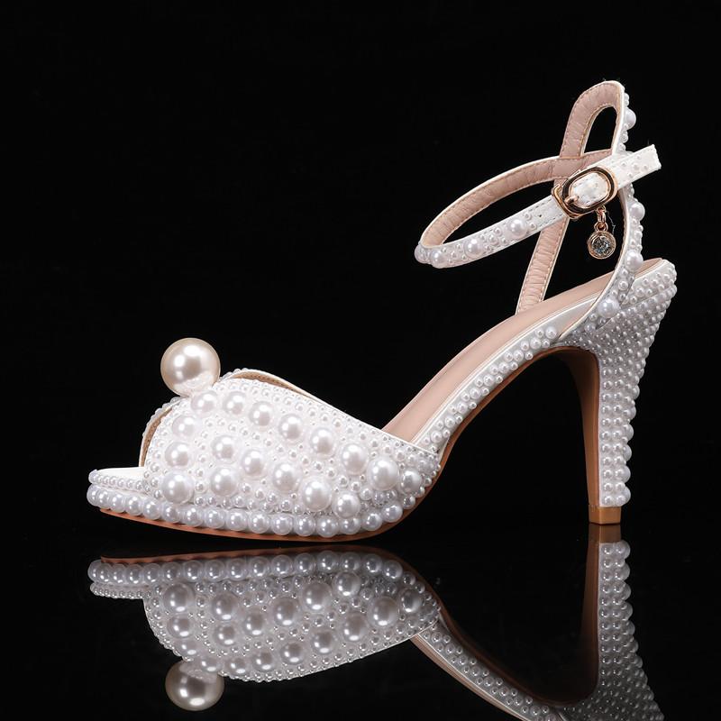 Luxury All Pearls Rhinestones Peep Toe Women Sandals Fashion Ankle Strap Platform Thin High Heels Elegant Bridal Wedding Shoes