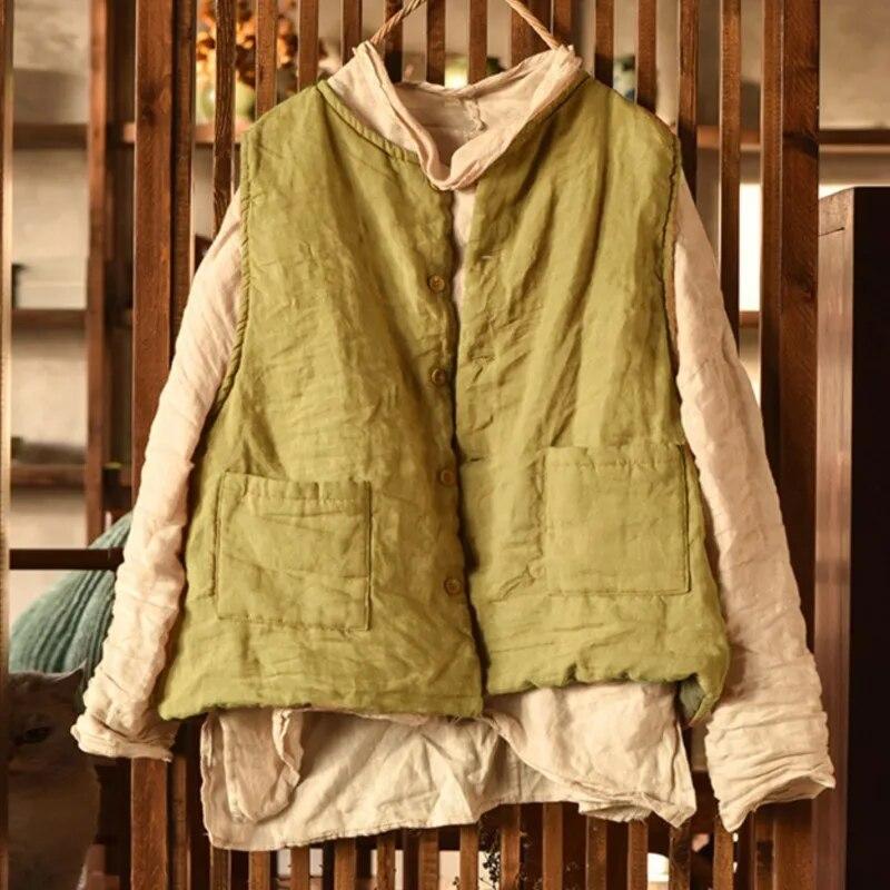 Johnature Women Vintage Button Vests Coats Plus Cotton Solid Color Clothes Spring O-Neck Women Vests Coats