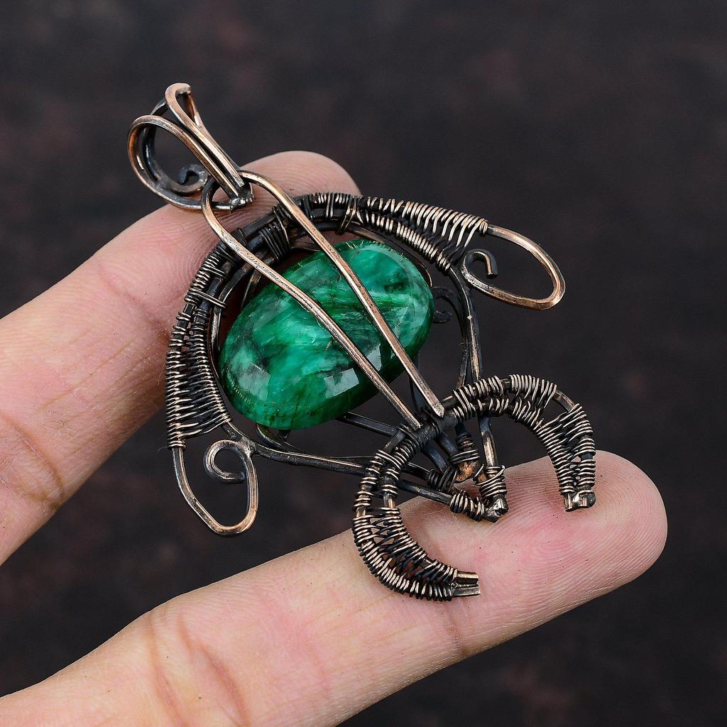 Ограненный замбийский изумрудный кулон, медная проволока, обернутая кулоном, черепаховый кулон, драгоценный камень, ювелирные изделия ручной работы, женский кулон, медные ювелирные изделия для подарка