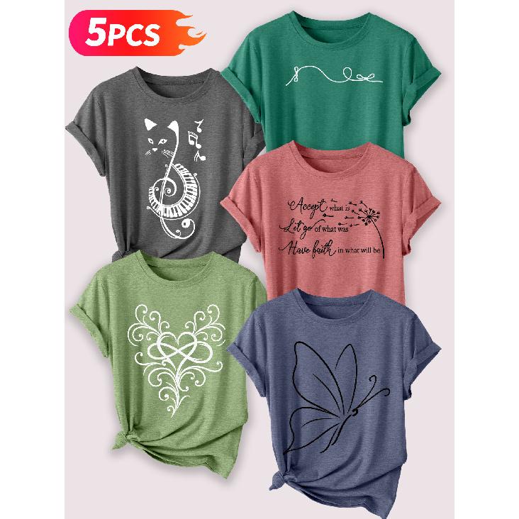 Follow a specific direction Five-piece set of women's short-sleeve tops Music-Inspired Retro Print Elegant Summer Party Outfits Elegant short sleeves