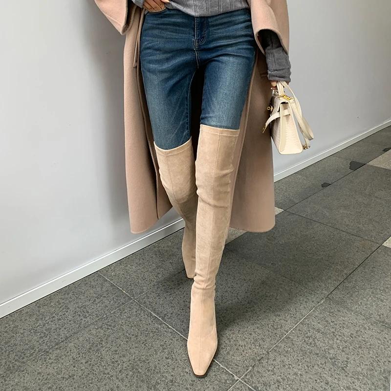 Модные женские ботфорты выше колена, черные, хаки, женская сексуальная обувь для стройных ног, эластичные ботфорты до бедра, детская замша, платье, ботильоны, размер 33-43