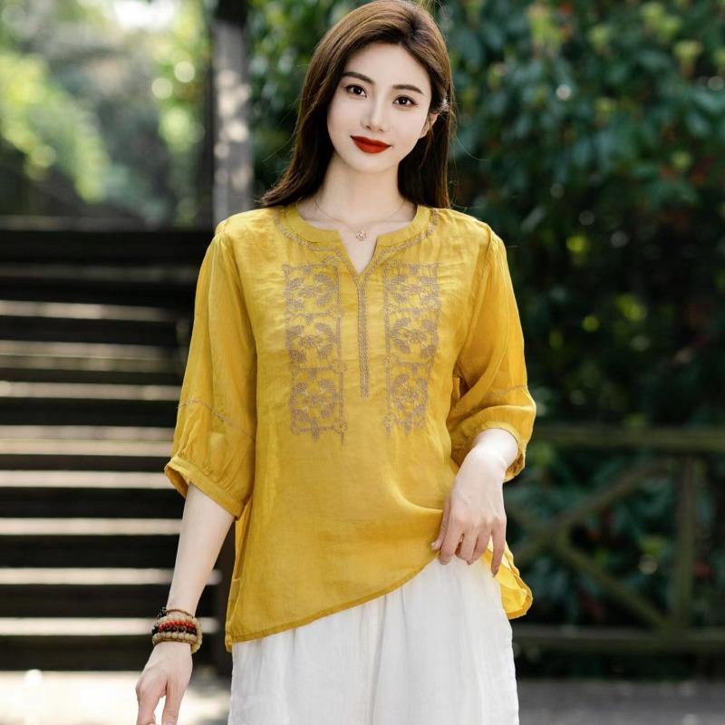 Художественная тяжелая промышленность вышивка V-образный вырез вышитая однотонная рубашка из хлопка и пеньки солнцезащитная маленькая рубашка летний образ тонкие рубашки с пятью рукавами