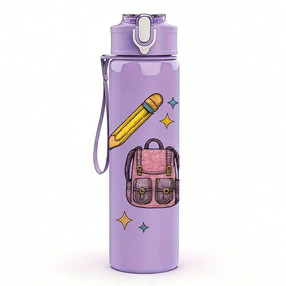 1PC School Bag Globe Bow Pattern 750ml Color Plastic Sports Water Bottle Leakproof Flip Straw Lid Suitable for Sports Office Home Use