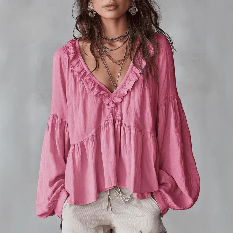 Casual Sweet V Neck Puff Sleeve Pleated Long Sleeve Women Shirt Top