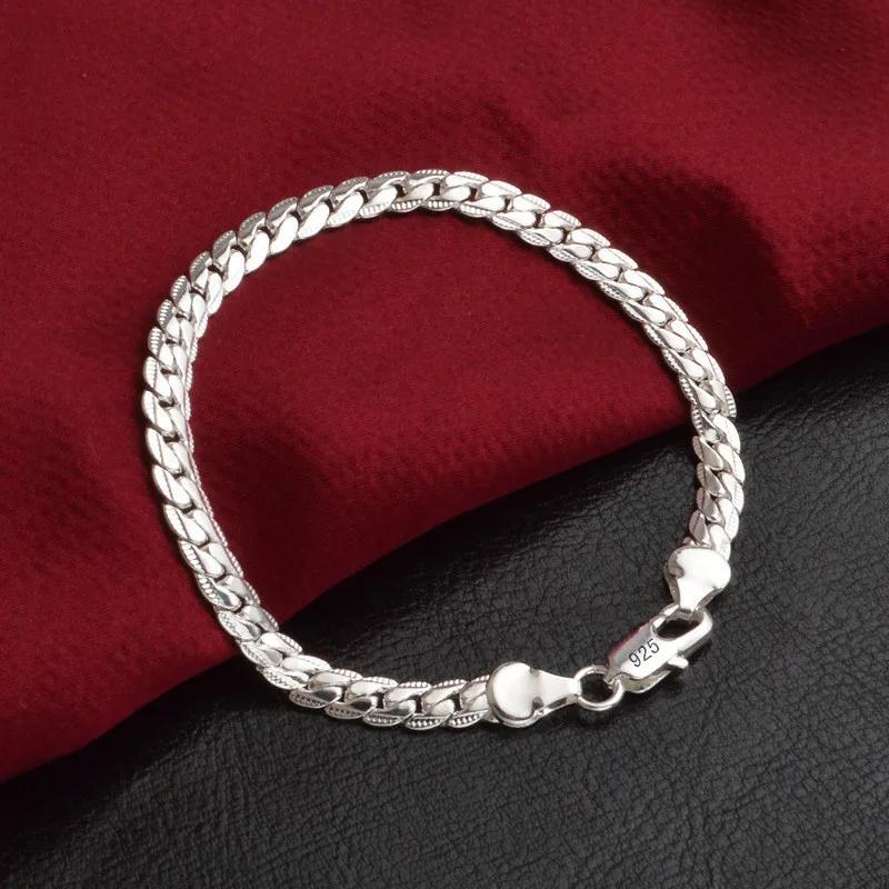 925 Silver Bracelet 6mm 18/20cm Flat Side Chain Lobster Clasp Bracelet for Woman Man Party Wedding Engagement Jewelry