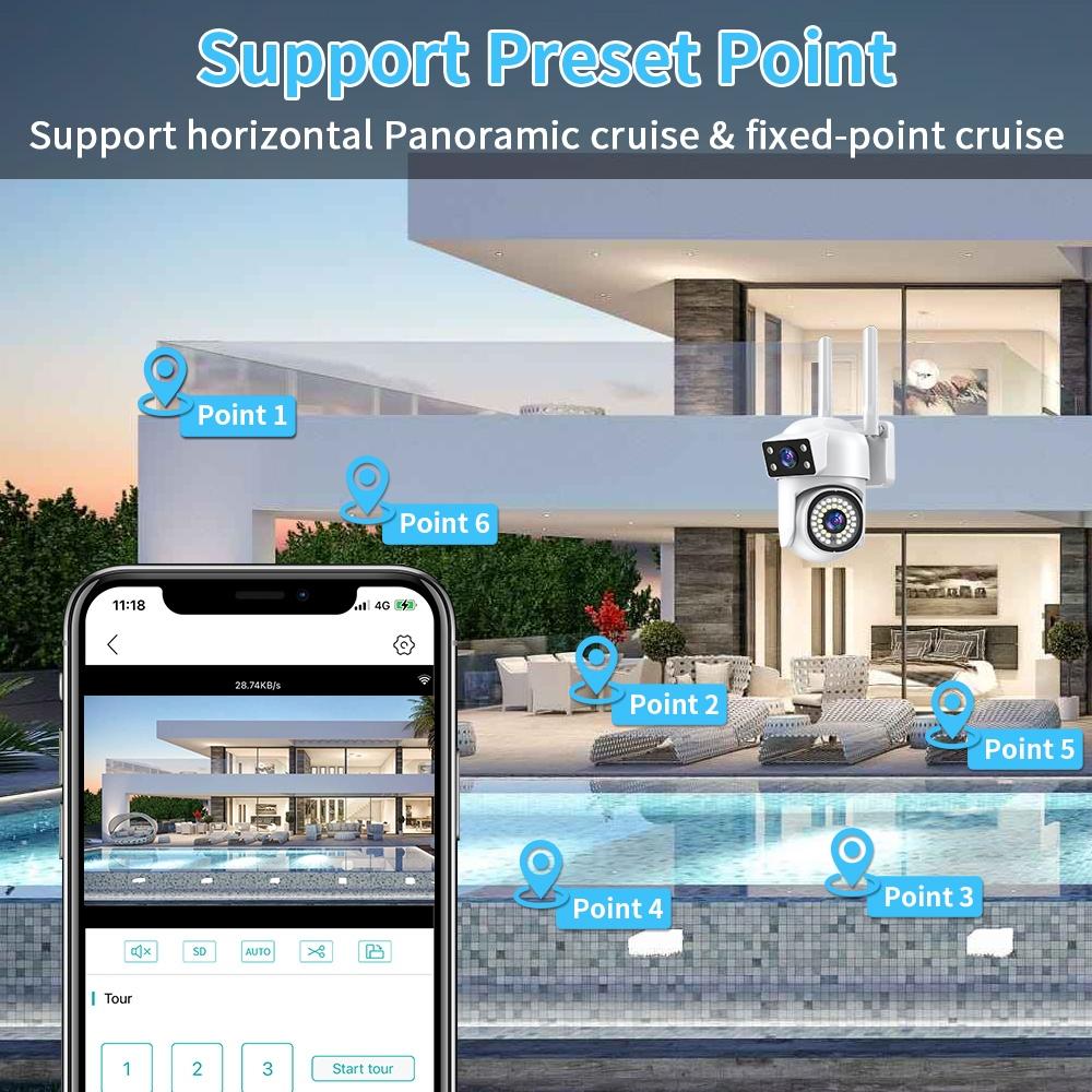 AIOOK Наружная WIFI HD 8MP 4K IP CCTV IP66 Водонепроницаемая PTZ-камера ночного видения Двусторонняя связь Мобильная камера слежения с двумя объективами