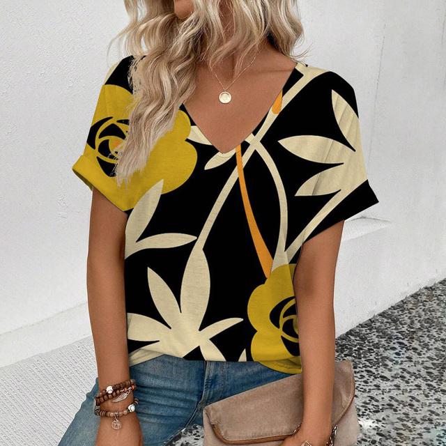 Футболка с V-образным вырезом для лета Женская футболка с ретро-цветочным принтом Модная футболка с принтом Элегантная футболка с короткими рукавами